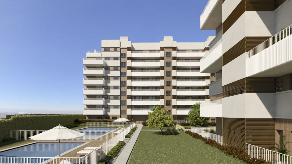 Infografía exterior del residencial con vista a las piscinas